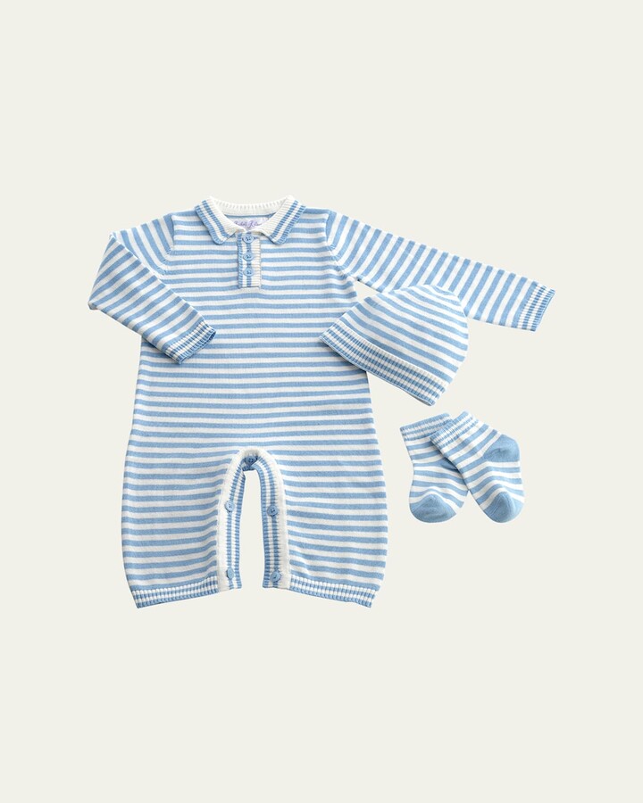 Boy's Knit Striped 3-Piece Playsuit Gift Set, Size 3M-18M
