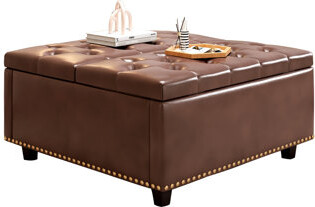 dingdangxiang Large square storage stool with two storage doors, footstool for living room Mid-century modern coffee table with nailhead inlay, brown PU leather