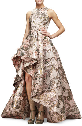 Monique Lhuillier Sleeveless Metallic-Tapestry High-Low Gown, Blush