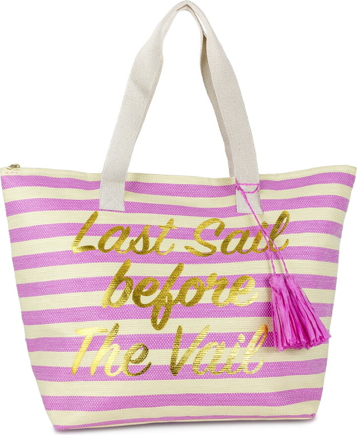 Women’s Insulated Last Sail Before The Vail Striped Paper Straw Beach Tote Bag with Tassel and Flat Handles