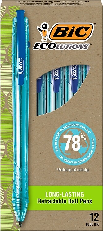 BIC Ecolutions Ocean-Bound Retractable Ballpoint Pens, Medium Point, Blue Ink, Dozen (BPRR11-BLU)