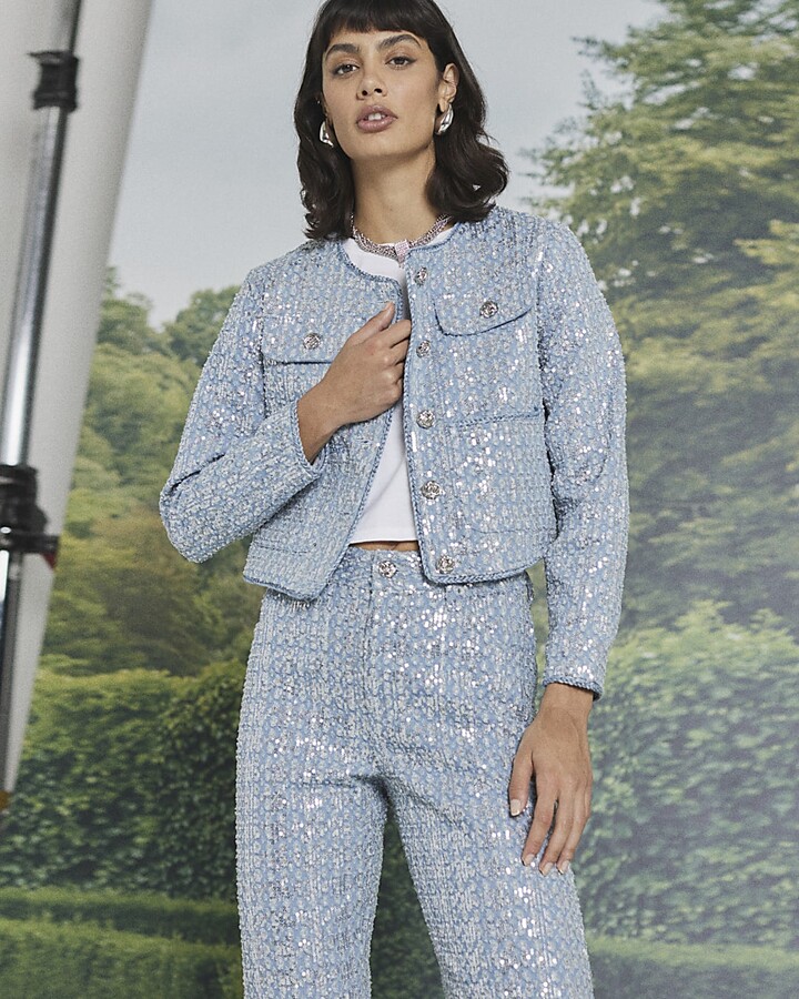 Kind Society River Island Womens Blue Denim Sequin Detail Crop