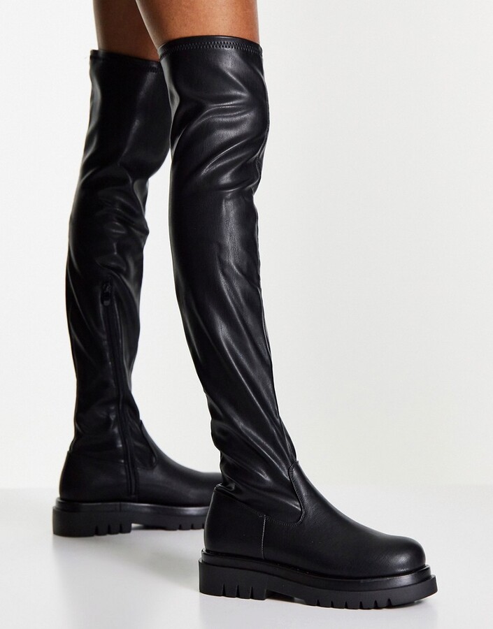 black stretch pull on knee high boots