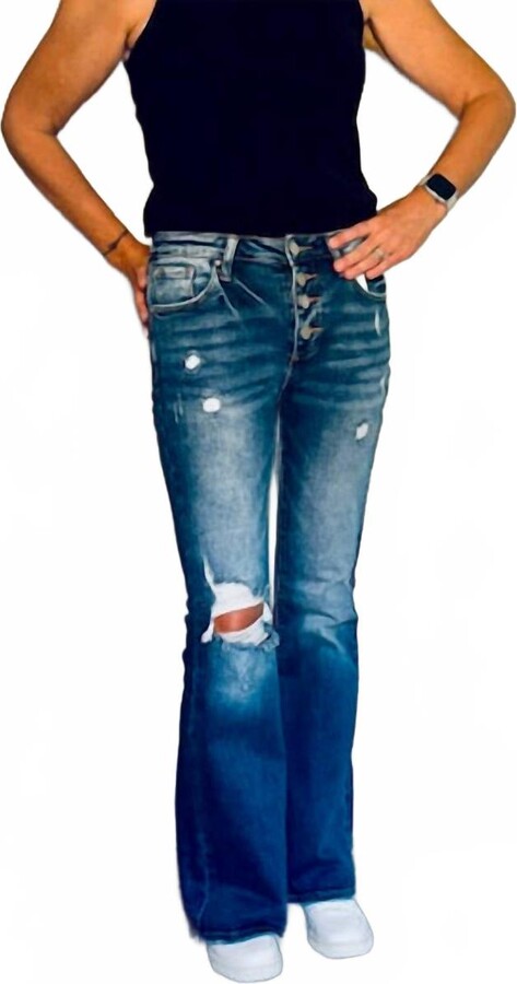 RISEN Mid Rise Button Down Flare Jeans In Blue