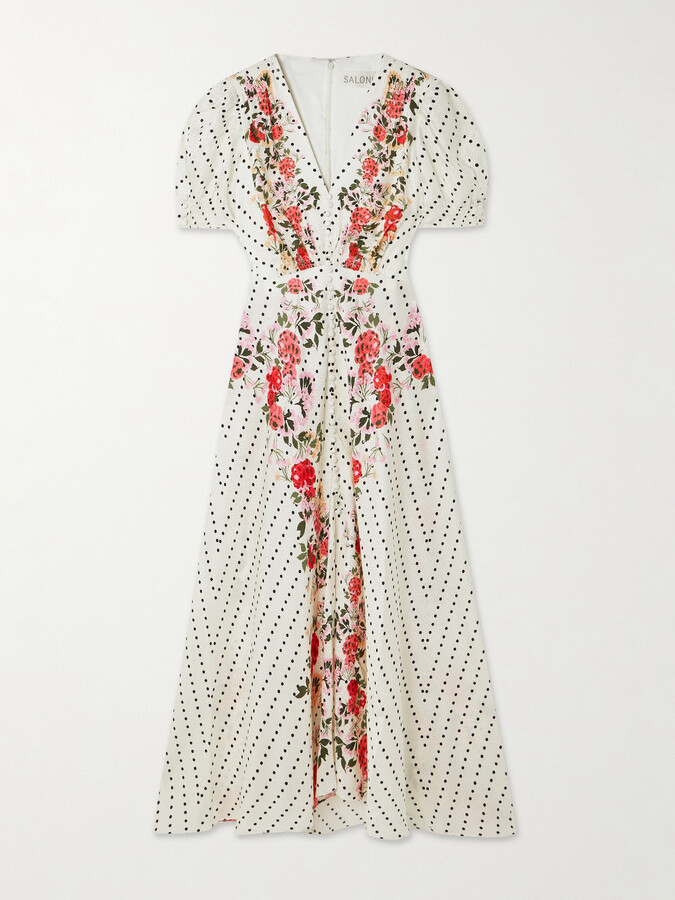 Saloni Lea Polka-dot Floral-print Silk-jacquard Midi Dress - Off-white