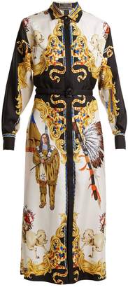 Versace Native American-print long sleeve silk dress