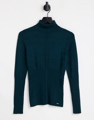 Morgan ribbed long sleeve polo knit top in forest green