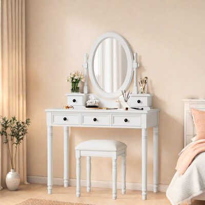 Vanity Desk With Adjustable Angle Mirror, Cushioned Stool And 5 Drawers