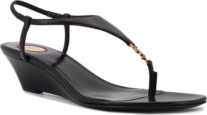 Saint Laurent Cassandre Wedge Leather Thong Sandal