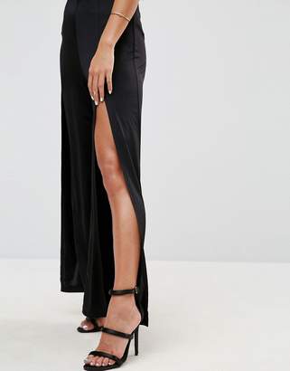 ASOS Petite Wide Leg Trousers In Slinky With Thigh High Splits