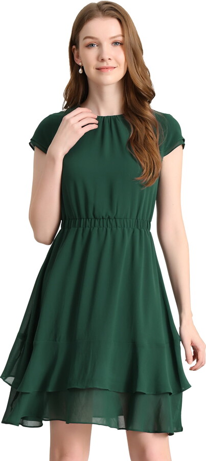 Unique Bargains Women’s A-Line Layered Ruffled Mid-Length Dress Dark Green S