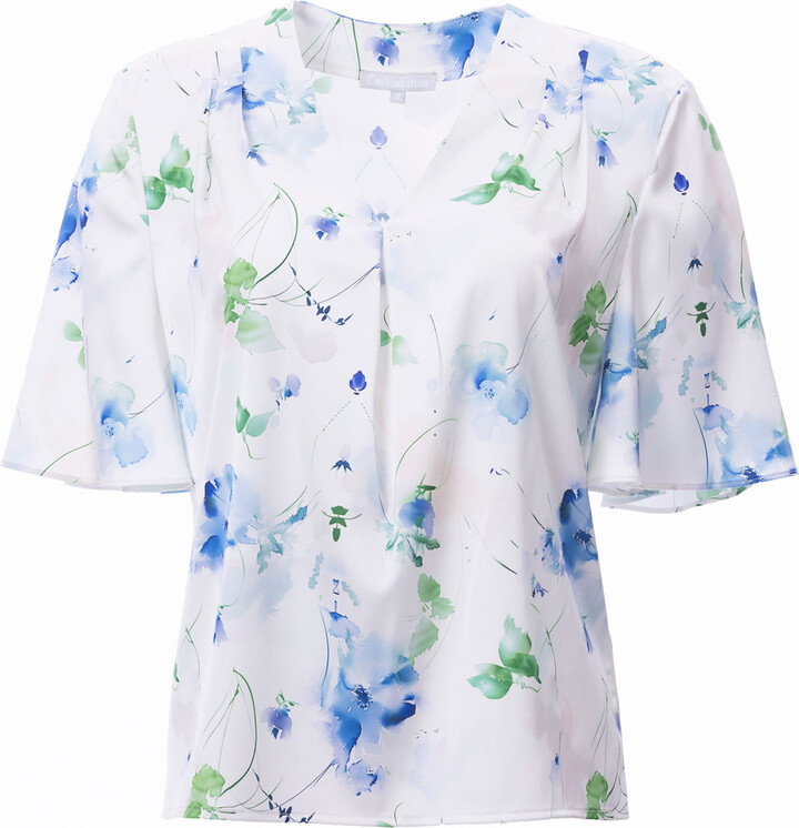 Carloslines V-Neck Pleat Detail Flutter Sleeve Blouse In Watercolored Flowers Print