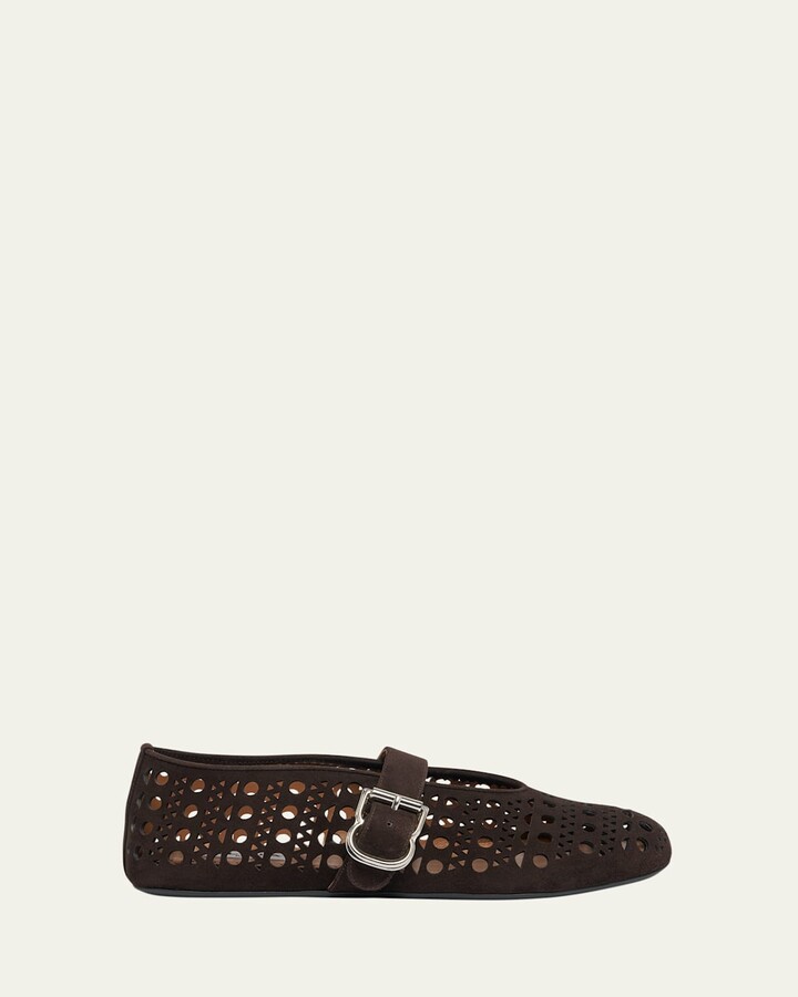 Alaia Vienne Perforated Suede Buckle Ballerina Flats
