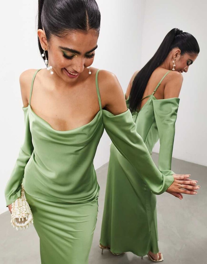 ASOS EDITION drapey long sleeve cold shoulder top in green ShopStyle