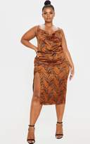 Thumbnail for your product : PrettyLittleThing Plus Orange Tiger Print Strappy Satin Cowl Midi Dress