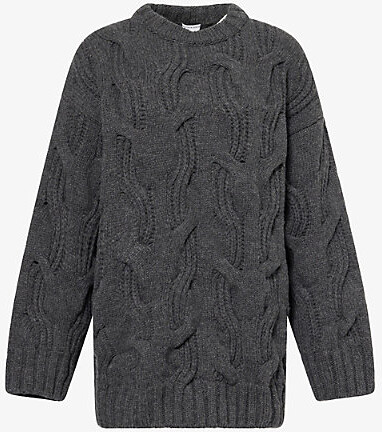 Bottega Veneta Womens Anthracite Round-Neck Cable-Knit Wool Jumper S
