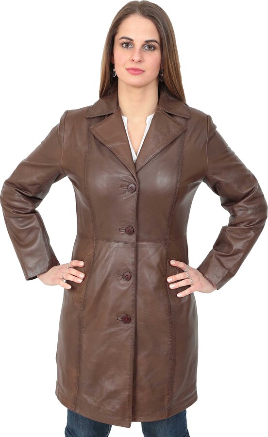 A1 FASHION GOODS Ladies Trench 3/4 Length Real Leather Coat Parka ...