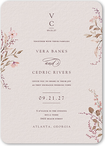 Wedding Invitations: Blissful Bloom, Elegant, Pink, 5x7 Flat, Matte, Signature Smooth Cardstock, Rounded, Blush
