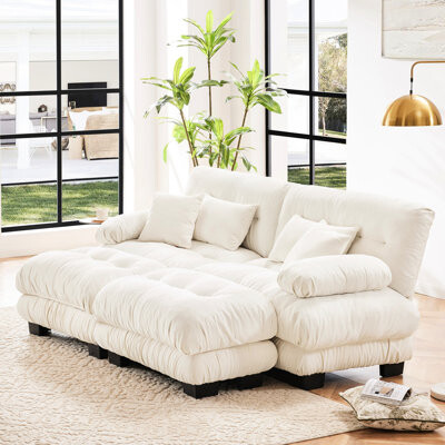 Latitude Run 2 Seater Chenille  Cloud Couch Sleeper For Living Room With Ottomans Lumbar Pillows & Throw Pillows Upholstered Wide Arm Quality Construction Whit