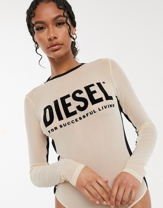 Diesel mesh panel bodysuit with logo in beige
