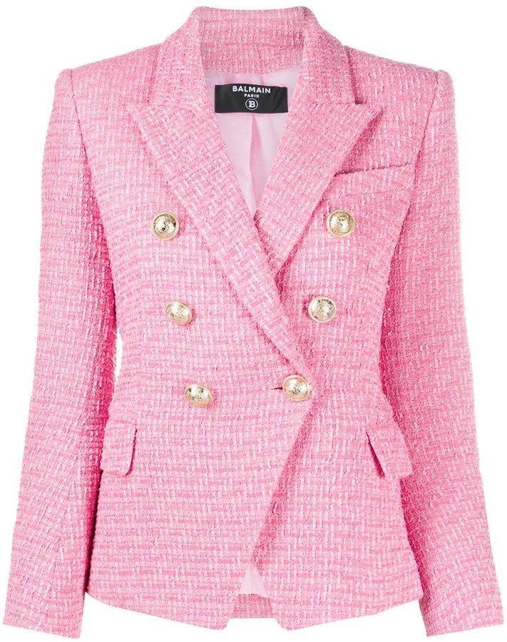 Pink - Save 51% Womens Jackets Balmain Jackets Balmain Button Embellished Stripe Tweed Jacket in Beige 