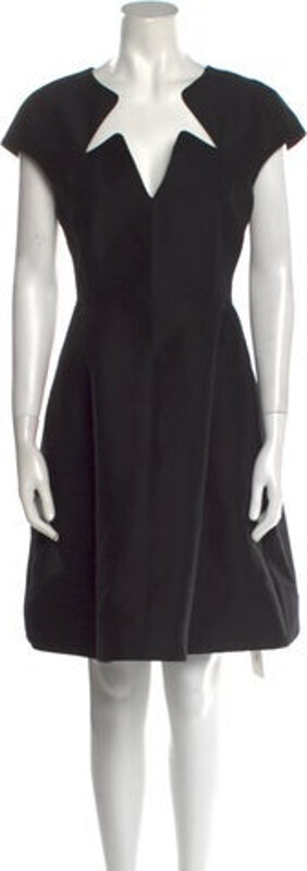 Halston Heritage A-Line Dress Black Cutout Accent Short Sleeve with V-Neck Concealed Zip Closure at Back Designer