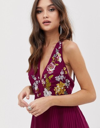 ASOS Design DESIGN embroidered midi dress with halter neck and pleated skirt-Multi