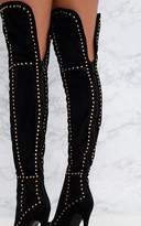 Thumbnail for your product : PrettyLittleThing Black Faux Suede Studded Thigh High Boots