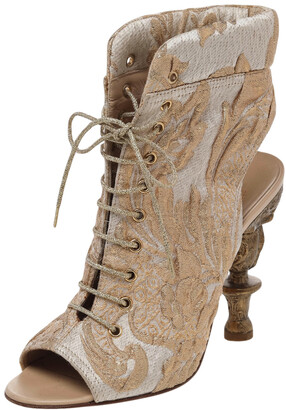Chanel Beige/Gold Brocade Fabric Lace Up Cut-Out Open Toe Carved Heel Booties Size 36