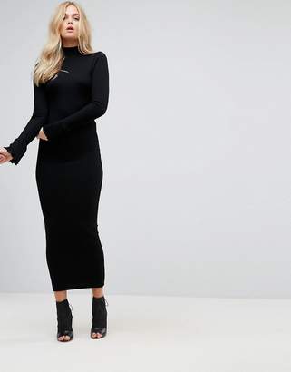 ASOS Tall City Maxi Rib Bodycon Dress With Polo Neck And Frill Cuffs