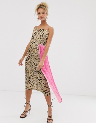 NEVER FULLY DRESSED midi dress with floral print insert in leopard