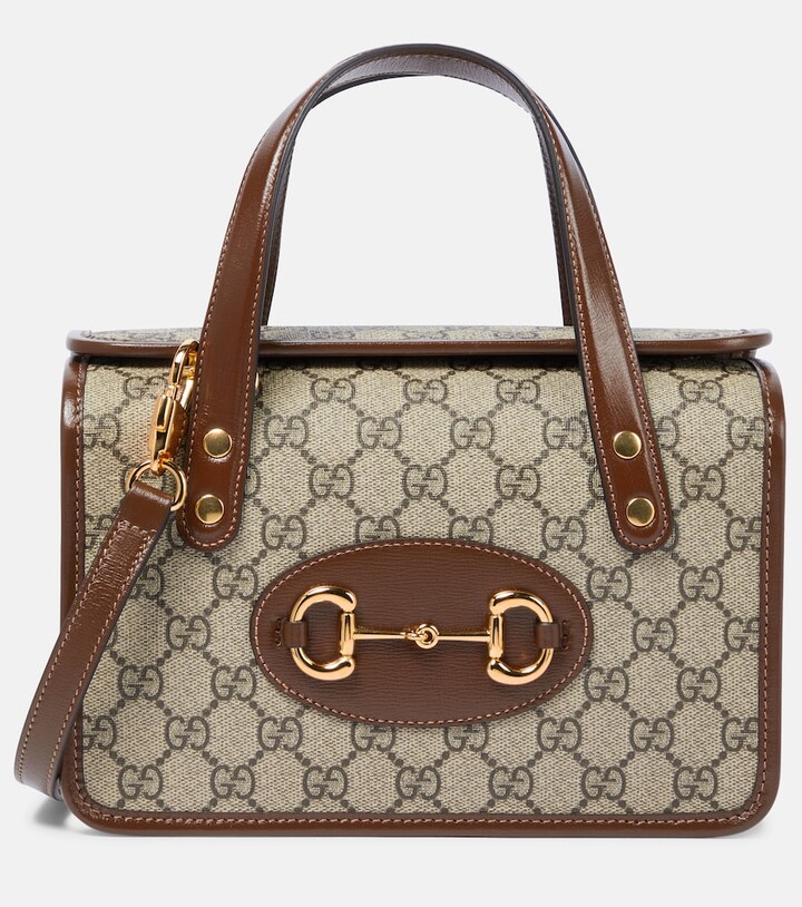 Gucci Horsebit 1955 Mini Leather-trimmed Printed Coated-canvas Tote in Brown