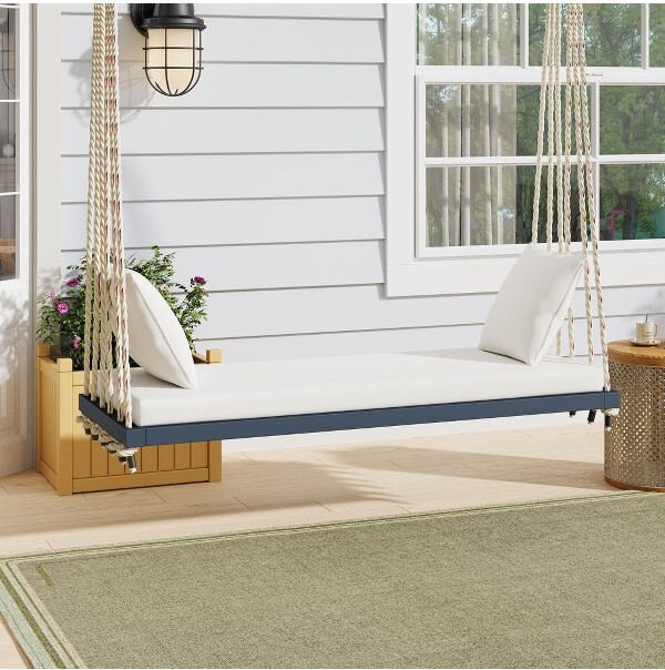 ORRDTOPMAXPatioWoodenHangingSwingChairwithCushion&Pillows10.8FtHempRopesforGardenBackyardPorchLawnGray