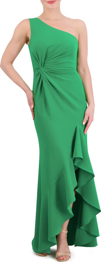 Ruffled One-Shoulder Twist-Front Gown