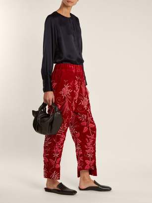 By Walid Meera Floral Embroidered Silk Velvet Trousers - Womens - Red
