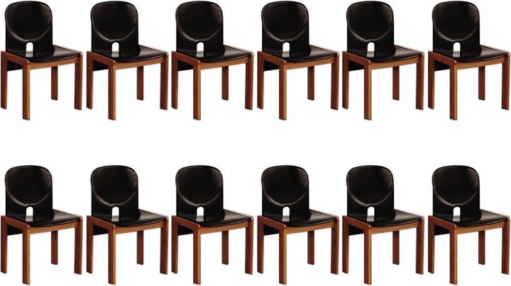 Afra & Tobia Scarpa "121" Chairs For Cassina, Black Leather, 1965, Set Of 12