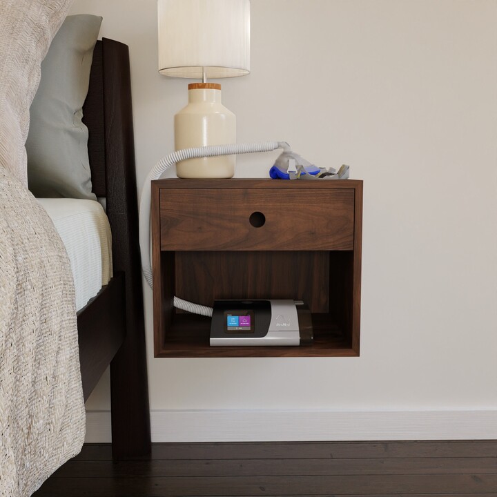 Cpap Floating Nightstand in Solid Walnut, Bedside Table With Drawer