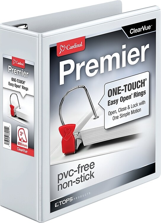 Cardinal Easy Open ClearVue Locking Heavy Duty 3" 3-Ring View Binders, D-Ring, White (10330)