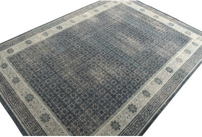 Rug & Kilim’S Distressed Khotan Rug In Blue Grey Geometric Pattern