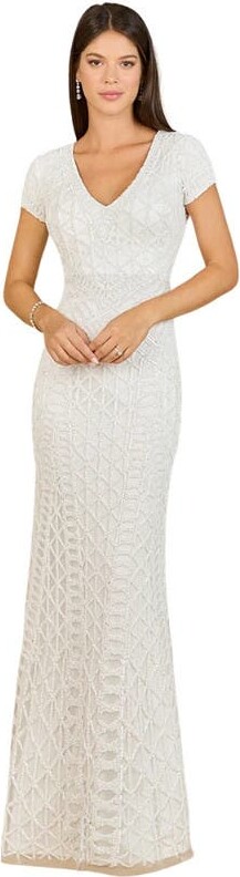 LARA New York Beaded V-Neckline Dress with Cap Sleeves