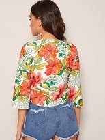 Thumbnail for your product : Shein Tropical Print Knotted Front Crop Top