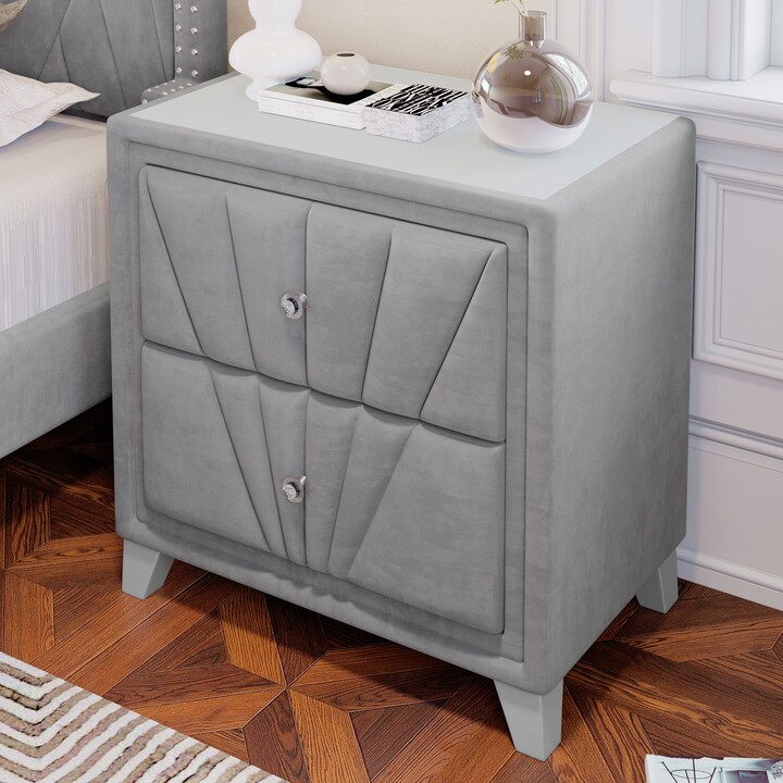 Modern Velvet Upholstered Glass Top Nightstand with Two Drawers