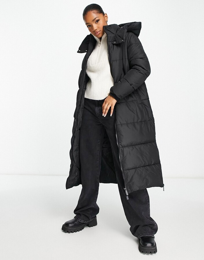 New Look longline padded coat with hood in black ShopStyle