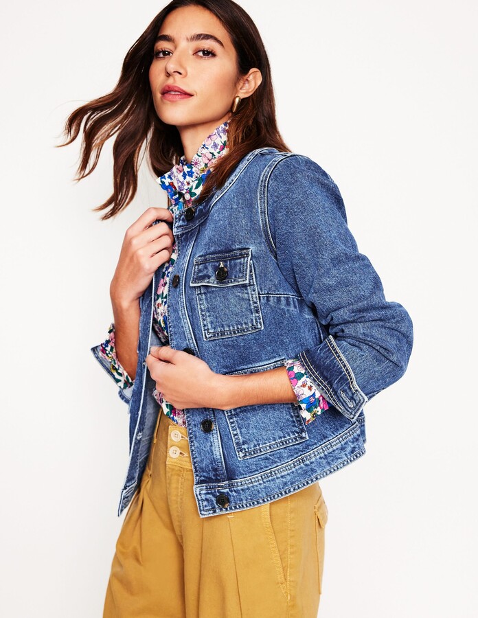 Collarless Casual Jacket, Mid Wash Denim