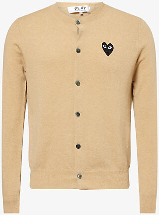Comme des Garçons PLAY Mens Light Camel Logo-Embroidered Crewneck Wool Cardigan L