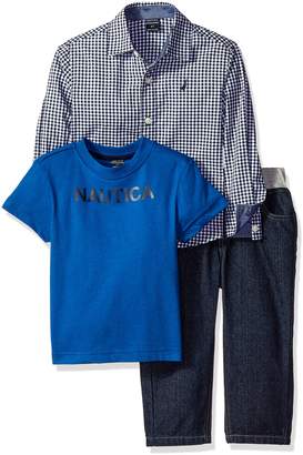 Nautica Boys' Little Three Piece Set with Long Sleeve Check Woven Shirt, Tee and Pant