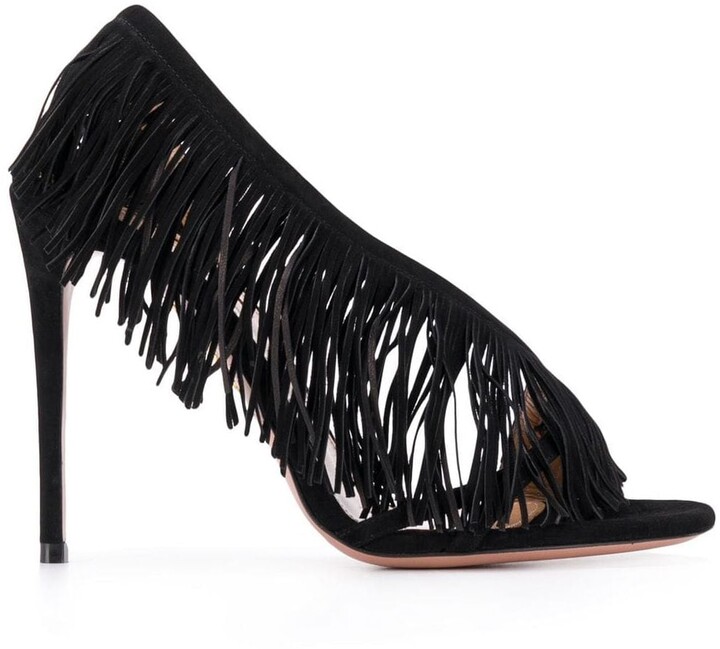 black fringe heels