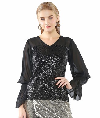 Metme Women's Sequin Top Blouse V Neck Lace Sheer Shirt Ruffle Mesh Crop  Party Top Black(Small) - ShopStyle
