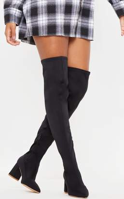 PrettyLittleThing Black Wide Fit Low Block Heel Thigh High Boot