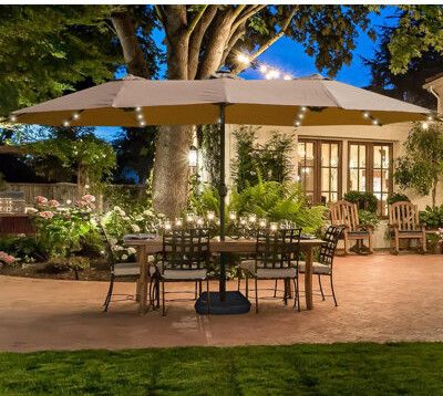 Arlmont & Co. Large Rectangular Double-Sided Outdoor Twin Patio Market Umbrella with Light and Base